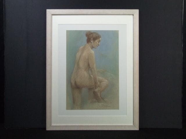 作者不詳　直筆サイン『後ろ姿の裸婦』ペーパーにパステル画 10号 0501Q