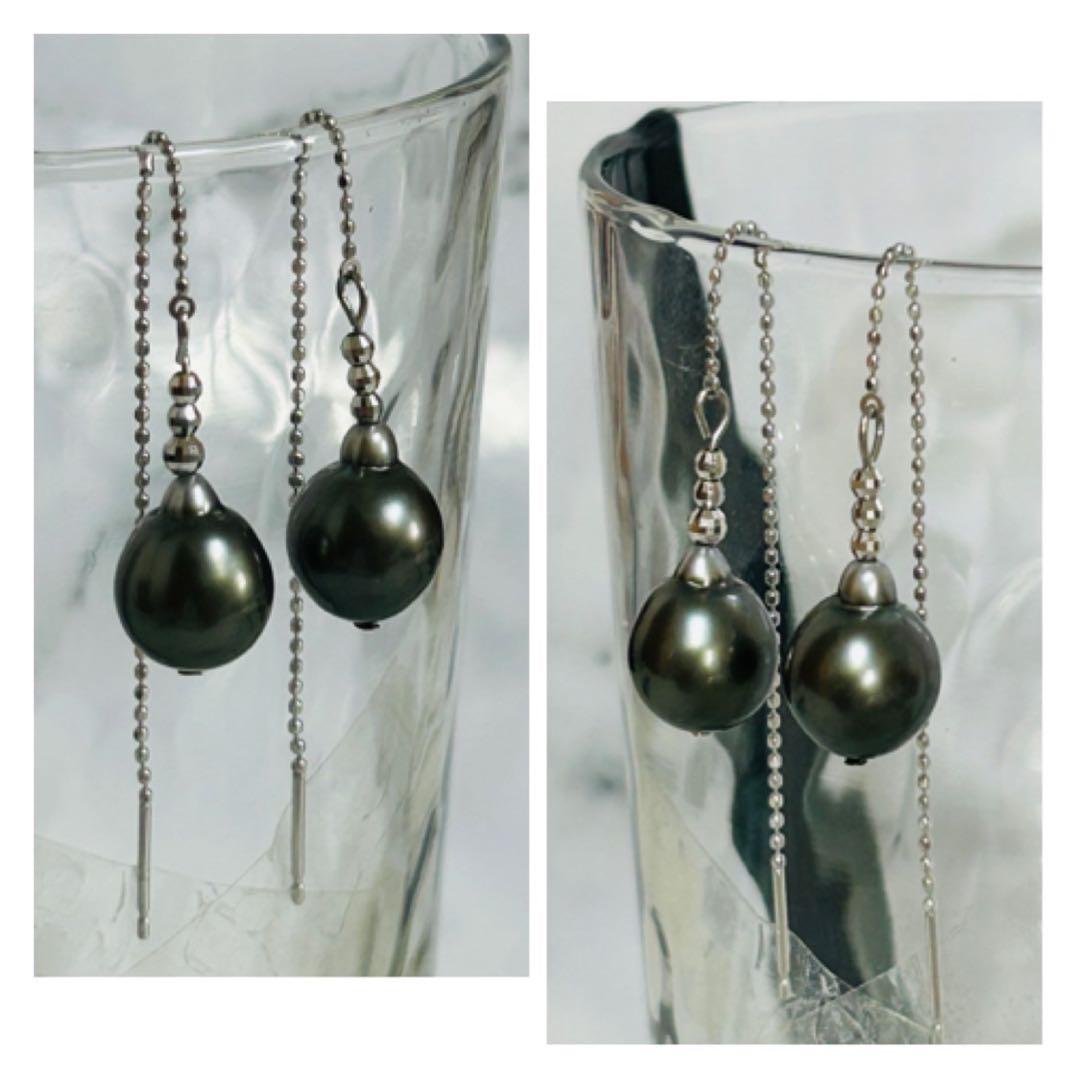 (M0107-4)K10,18WGタヒチ黒蝶真珠アメリカンピアス