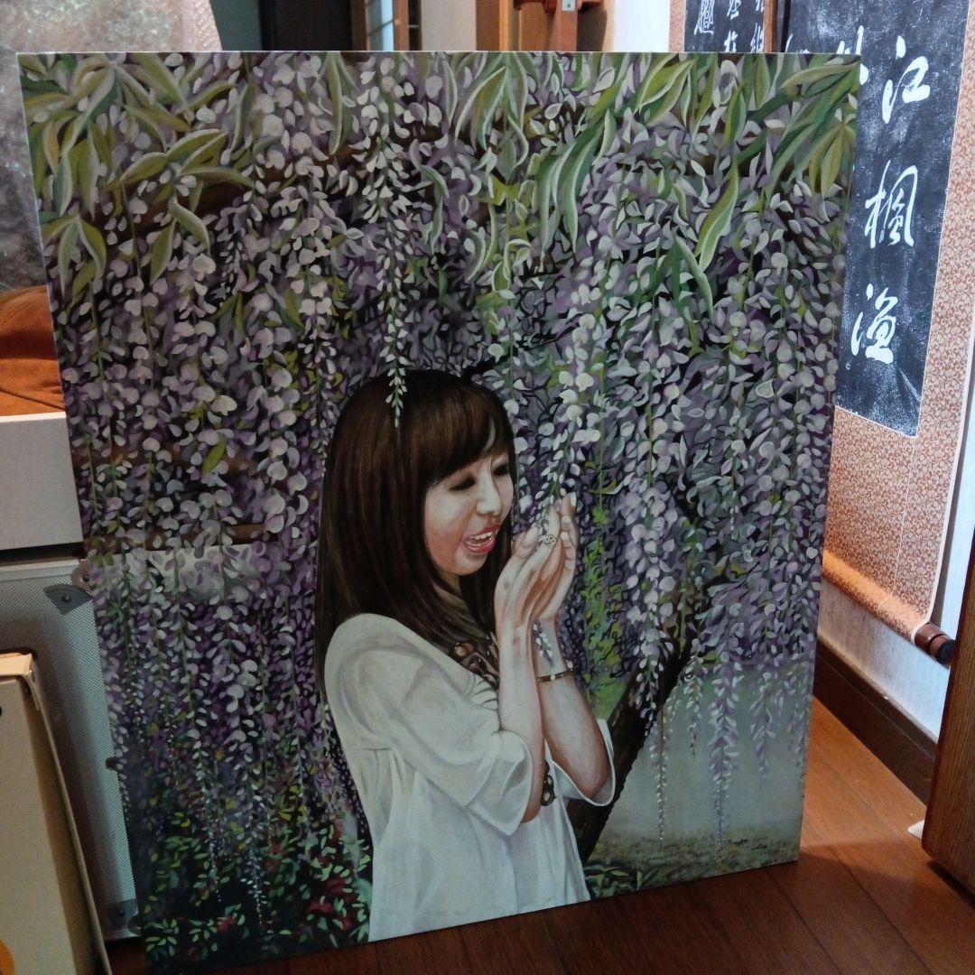 水彩画手描【藤の木の下で戯れる女性】縦７２X横幅６０センチみずみずしい木製パネル