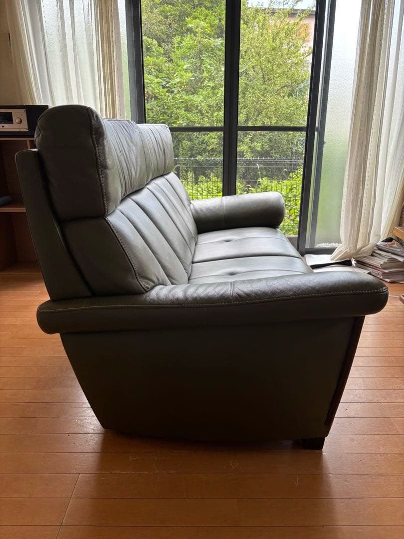 【良品】カリモク2人掛けソファ オリーブグリーン 本革×合成皮革 幅170cm