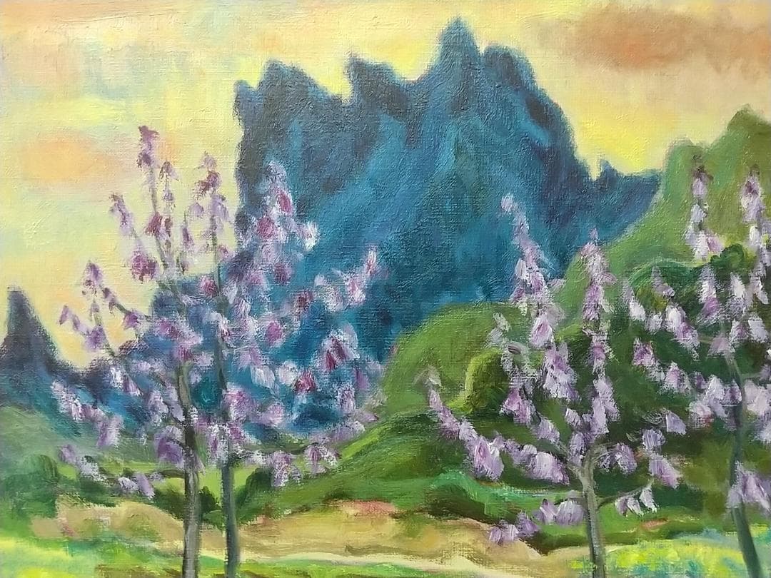 油絵「桐の花咲く妙義」B F8 絵画 油彩画 風景画 アート