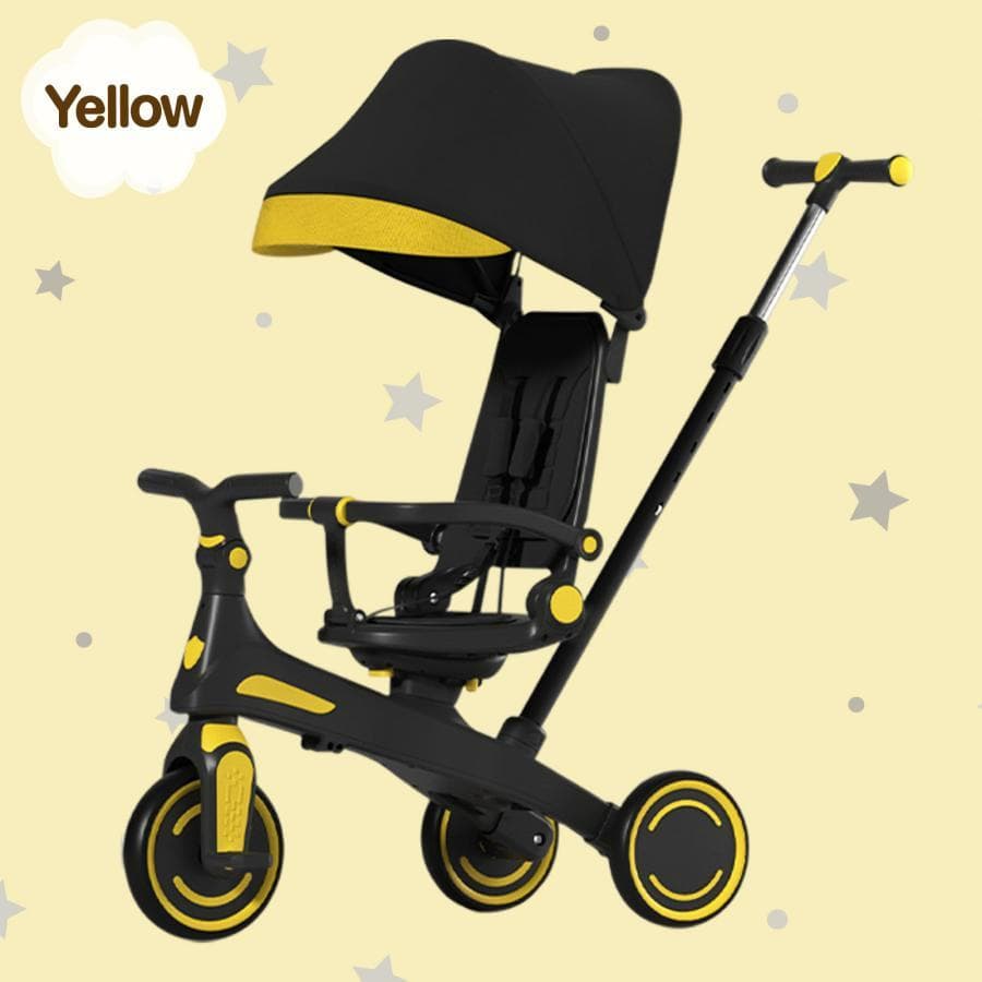 多機能 三輪車 手押し棒付き 折りたたみ 1歳～5歳 安全ベルト付き（黒×黄）