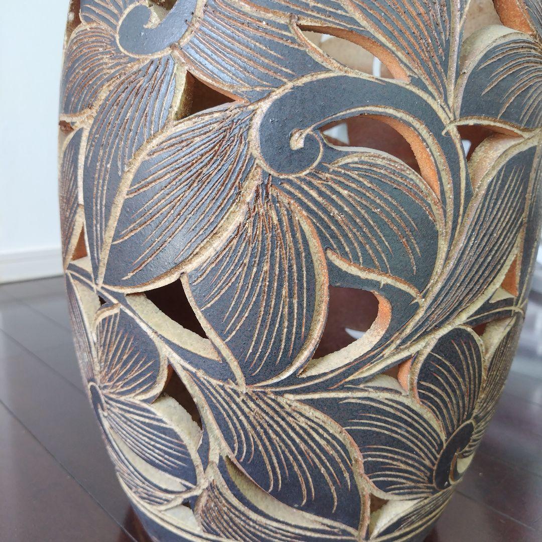 アンティーク 信楽焼傘立て 透かし彫刻 北欧インテリア 高さ42.5cm