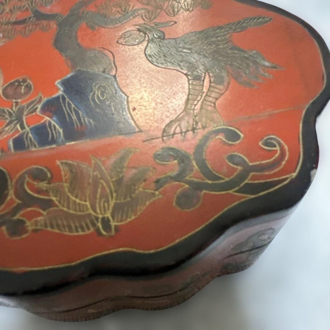 中国 清時代 インテリア　漆器 重箱 鹿と鳥のデザイン