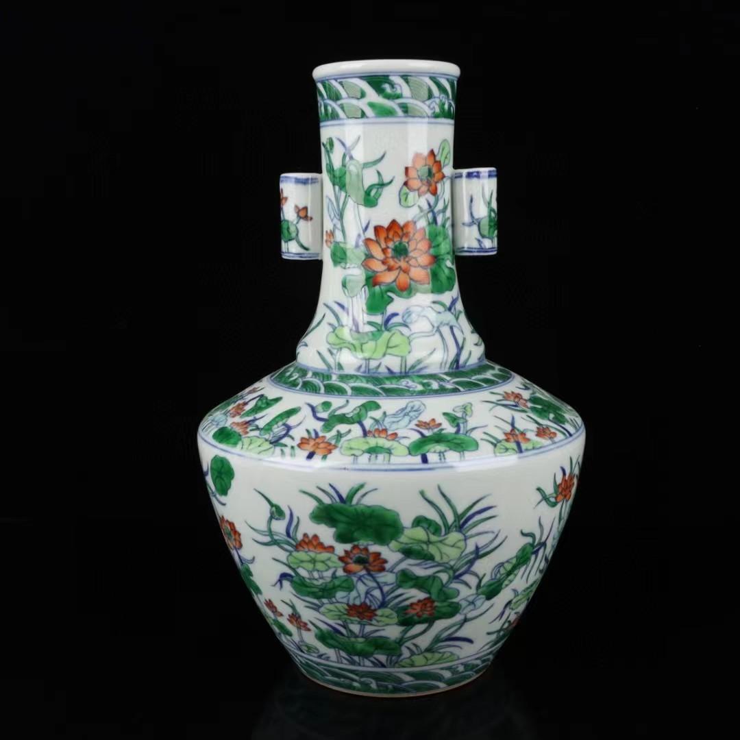 中国古美術✦清乾隆紋・青花斗彩・荷花紋・貫耳瓶セット✦花瓶・文房具・陶芸・観賞瓶