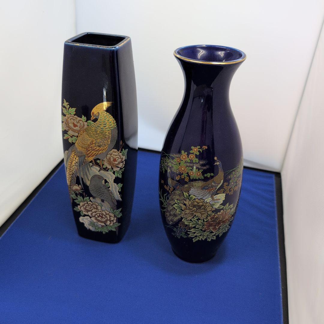 濃紺の陶器花瓶2点セット