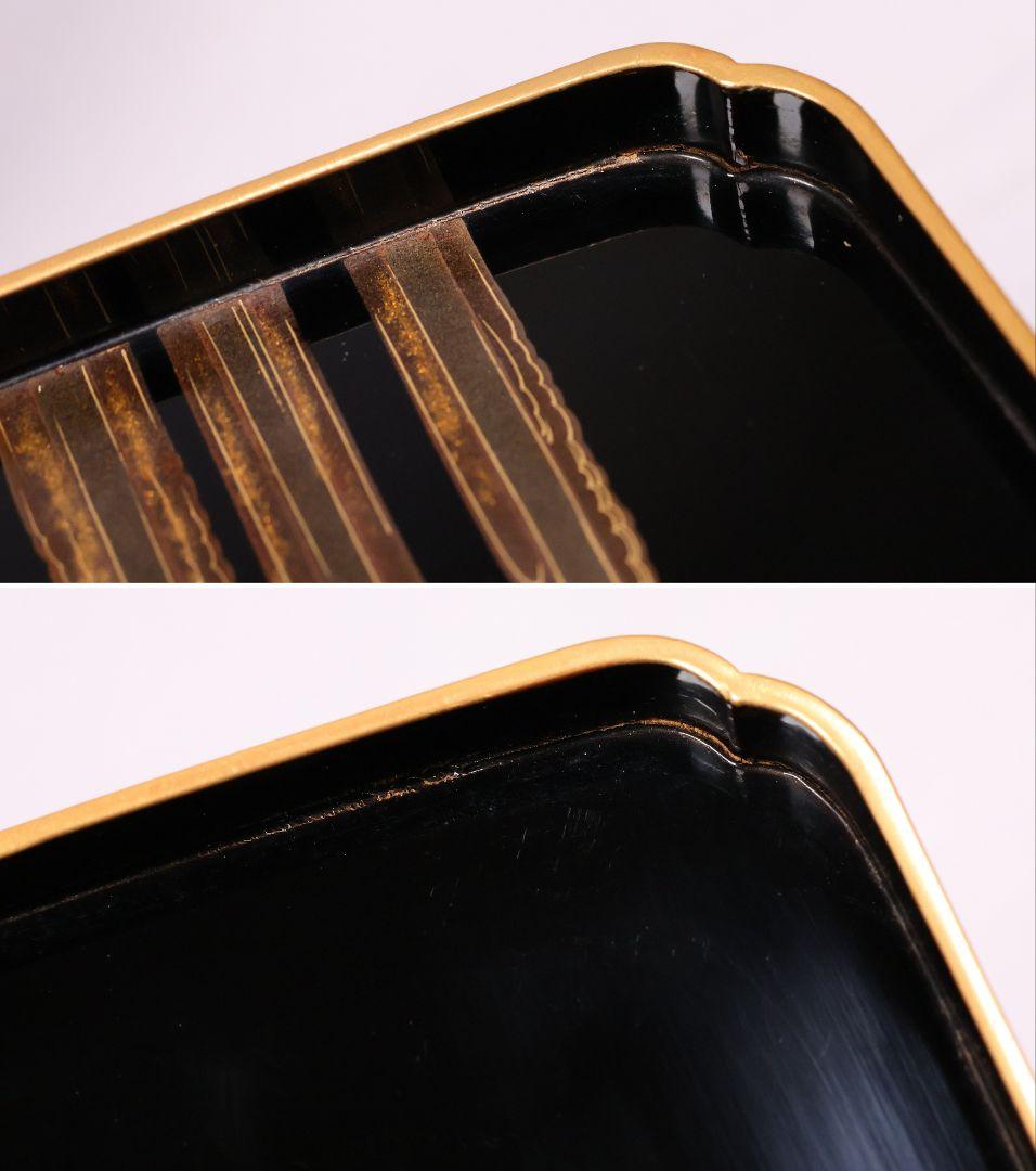 古い木製漆器 鶴図 金蒔絵 朱塗三ッ盃 盃台 天然木 日の出 杯 【MA619】