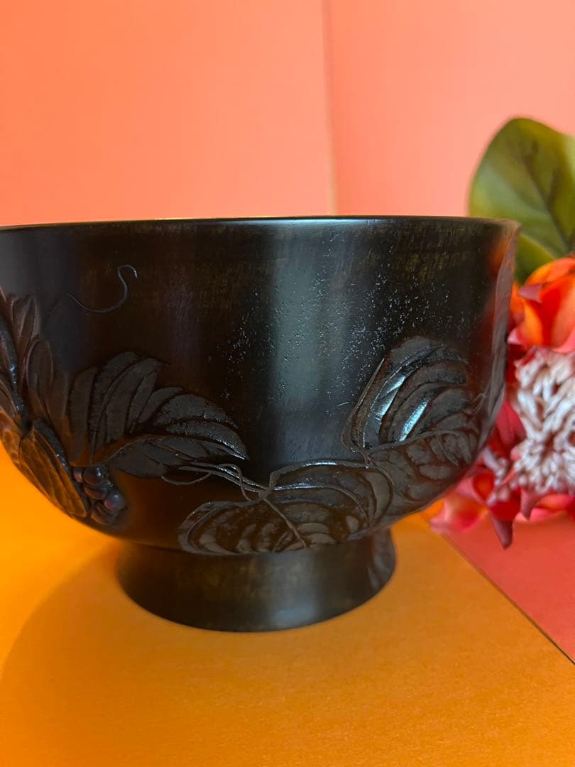 川添日記おおぶり椀　 草木彫漆器