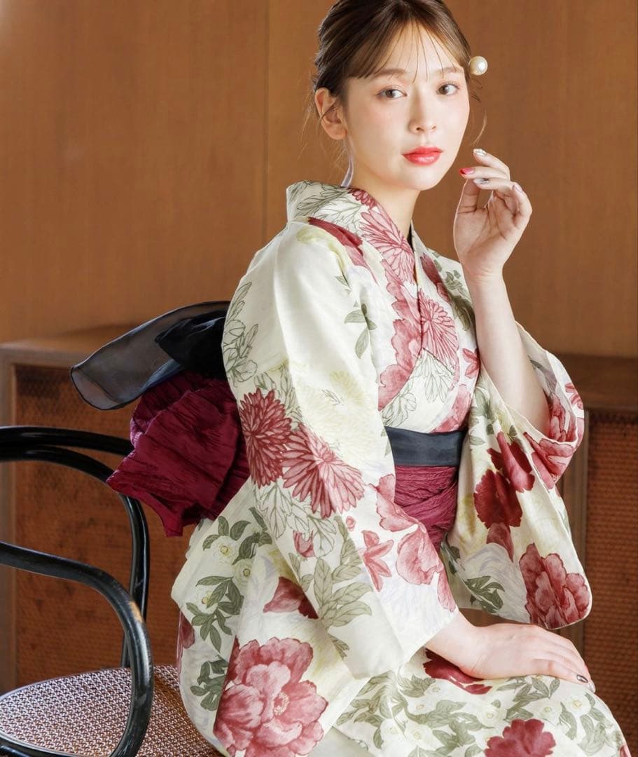 美品！Dita 浴衣セット 夏の牡丹重ね 花柄 しわ兵児帯 2025年