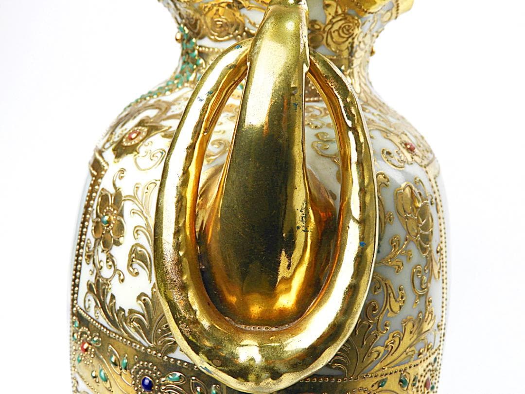 オールドノリタケ 金彩ジュエル風景画 プレッツェルハンドル 飾り壷 アンティーク