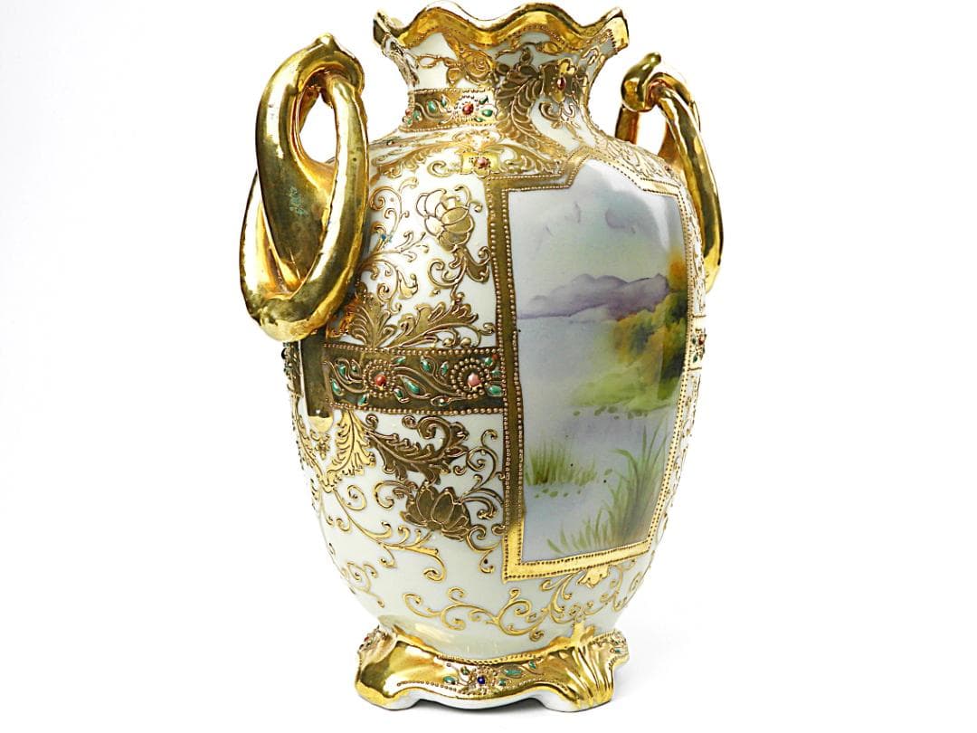 オールドノリタケ 金彩ジュエル風景画 プレッツェルハンドル 飾り壷 アンティーク