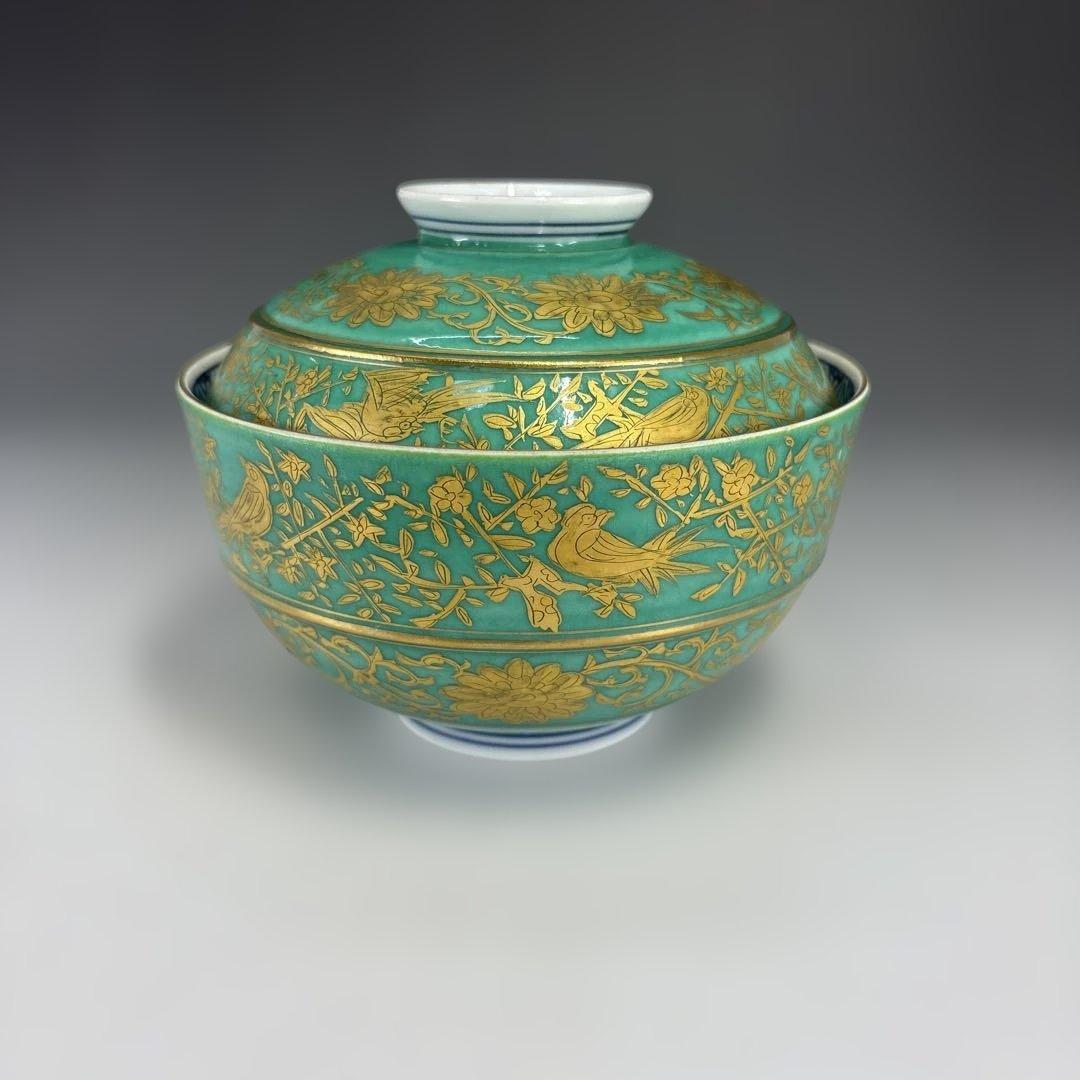 【茶道具】青地金襴手唐草蓋物十客（二個蓋無し）