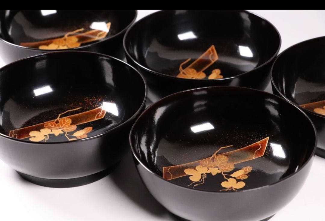 輪島塗 蔦金蒔絵 梨地 黒塗椀 五客 木製漆器 / 伝統工芸品 漆芸