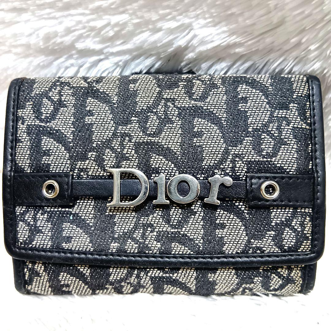 クリスチャンディオール　二つ折り財布　キャンバス　レザー　シルバーロゴ　正規品