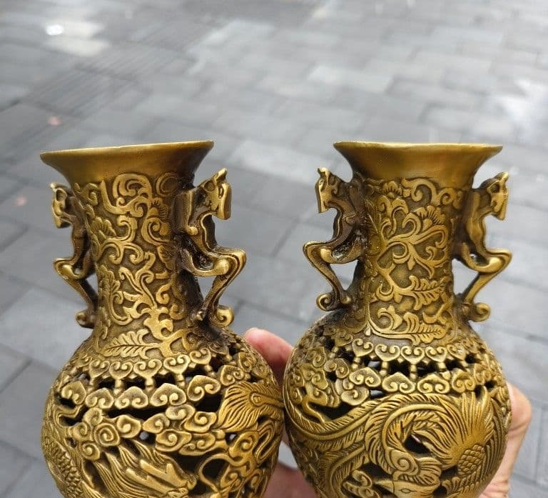 銅器 彫刻 重工 美品 龍鳳花瓶 装飾品 工芸品 美術品 置物