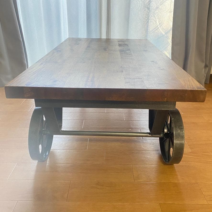 トロリーテーブル センターテーブル ローテーブル レトロ系 木製 鉄車輪付き