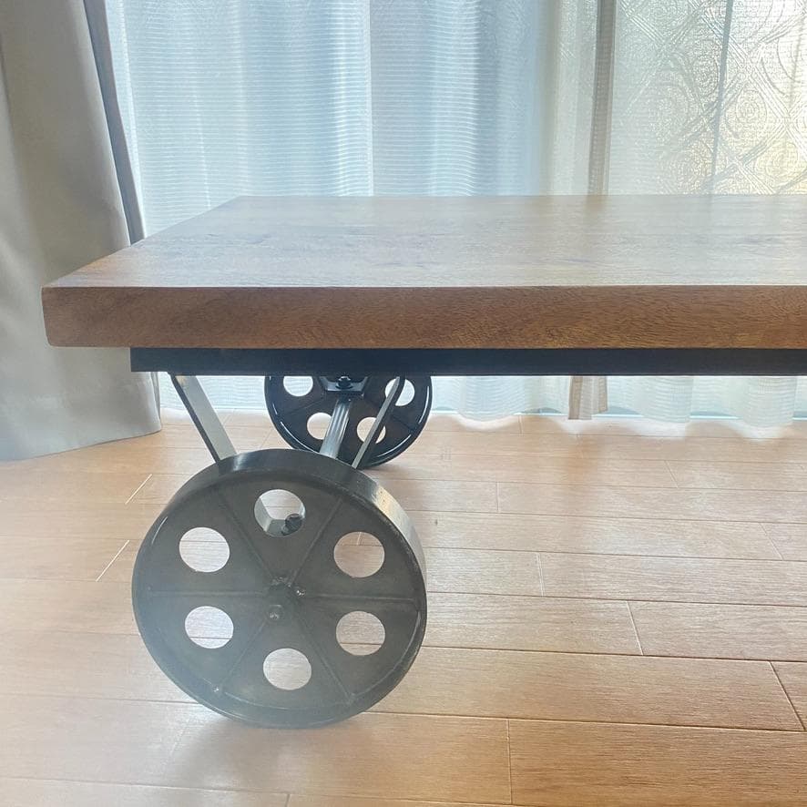 トロリーテーブル センターテーブル ローテーブル レトロ系 木製 鉄車輪付き