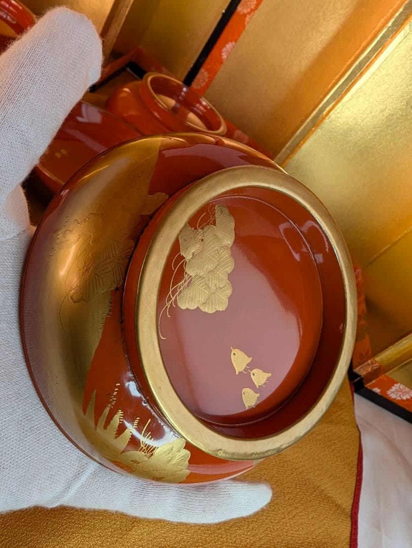 明治時代 輪島塗 金蒔絵 蓋付椀 波千鳥 3客 木製 汁椀 雑煮椀