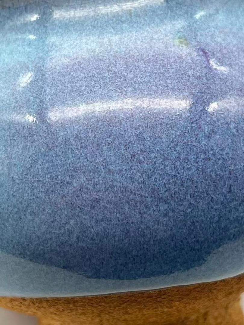 明时代 鈞窯　青磁 澱青月白釉紫斑 双糸耳香炉 水丞 香炉　茶道具(A-91)