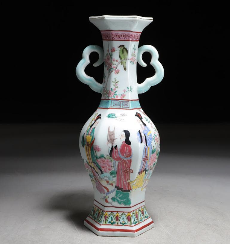 中国美術 景德鎮 花瓶 花器 花入 大清乾隆年製 六角 双耳 合箱 骨董品