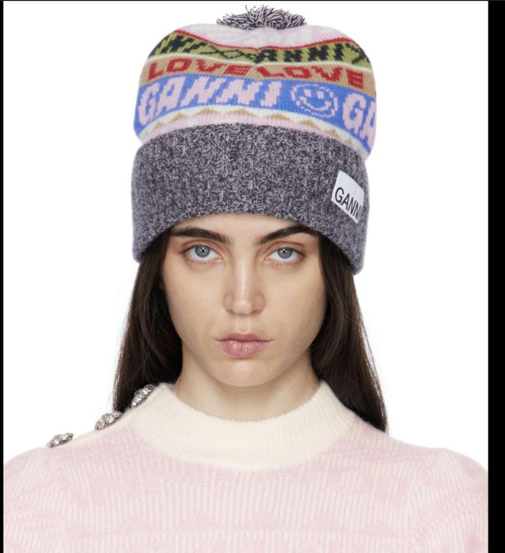 GANNIガニーポンポンニット帽　グレーピンクホワイトビーニー帽子ハットキャップ
