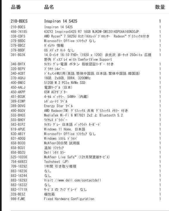 Windowsノート本体 Inspiron 14 5425 RYZEN7