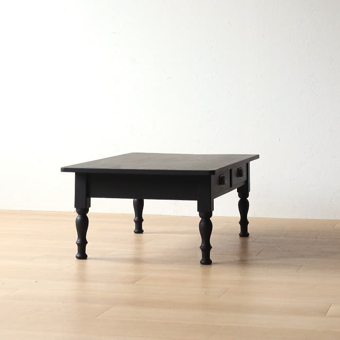 アンティーク ロクロ脚 引き出し付き ブラック 無垢材 文机 古家具 黒色