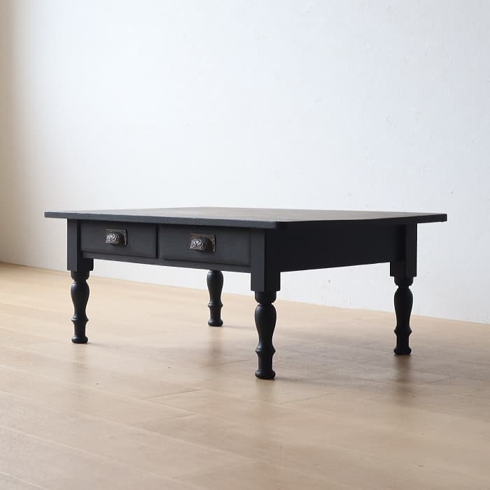 アンティーク ロクロ脚 引き出し付き ブラック 無垢材 文机 古家具 黒色