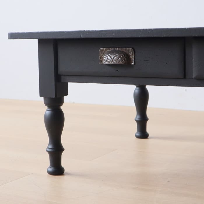 アンティーク ロクロ脚 引き出し付き ブラック 無垢材 文机 古家具 黒色