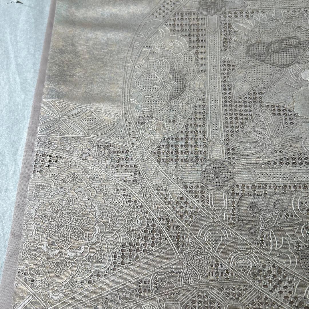 シルバー 花柄刺繍 六通袋帯1222
