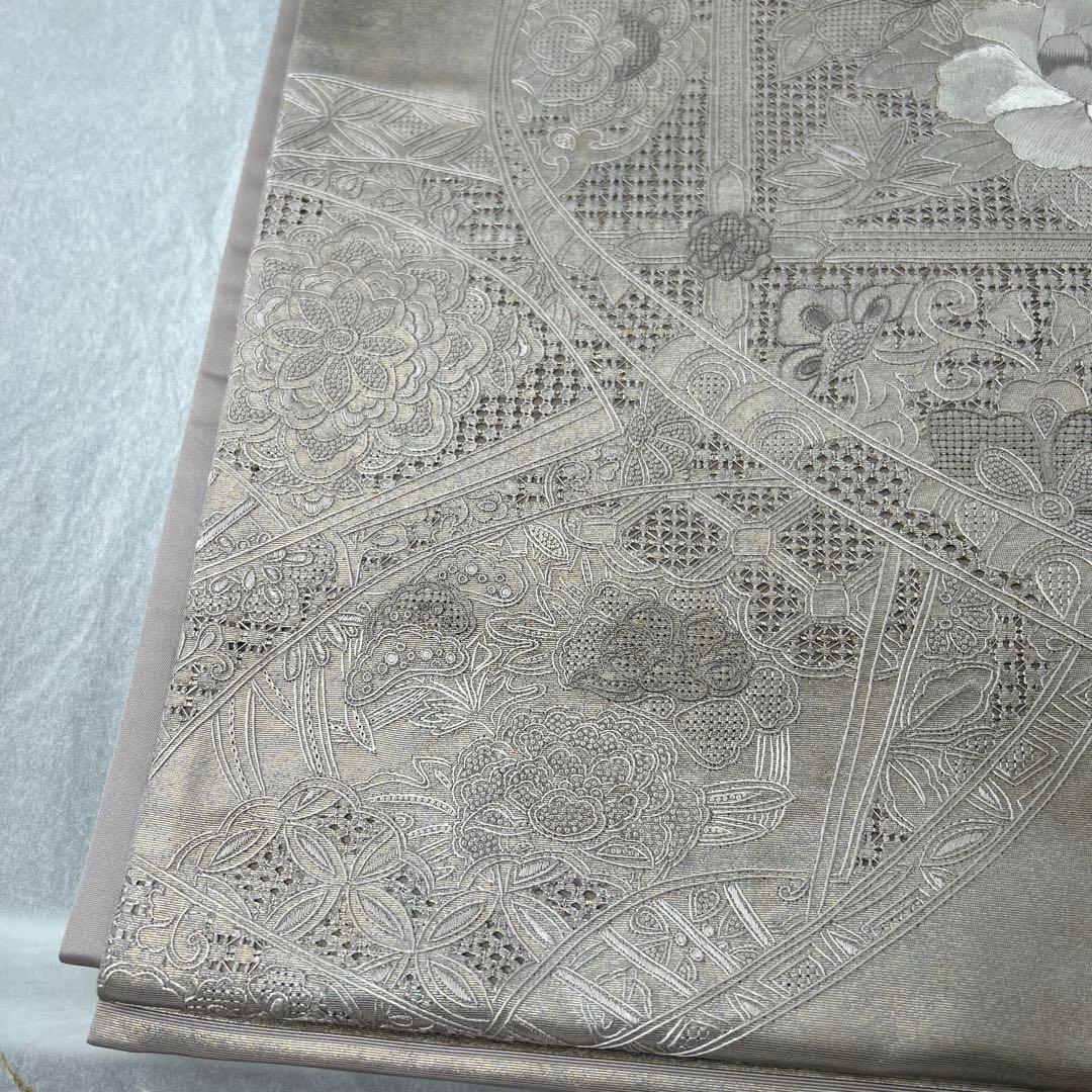 シルバー 花柄刺繍 六通袋帯1222