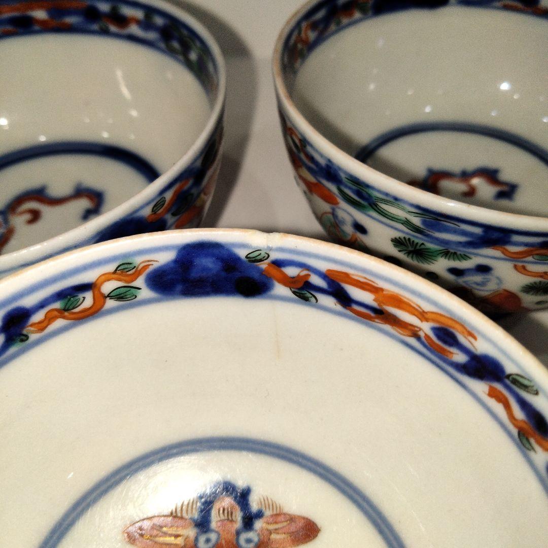 ｖ337 清時代 在銘 大明満暦年製 新渡 粉彩龍人物文茶碗 唐物古染付 南京