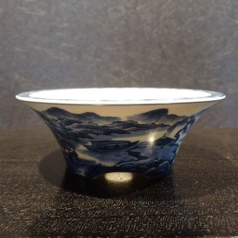 すさまじい筆致！染付山水図丸鉢 /盆栽/小品盆栽/盆栽鉢/植木鉢/谷樂方山