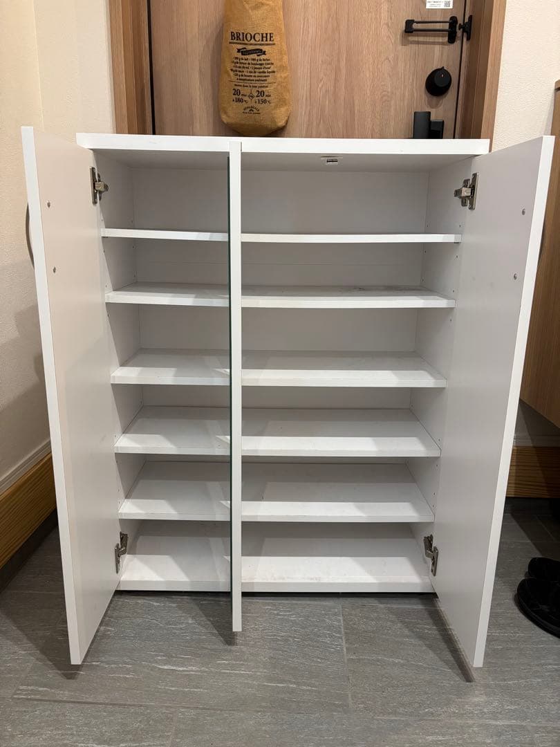 ホワイト靴箱 ミラー付き 二重扉