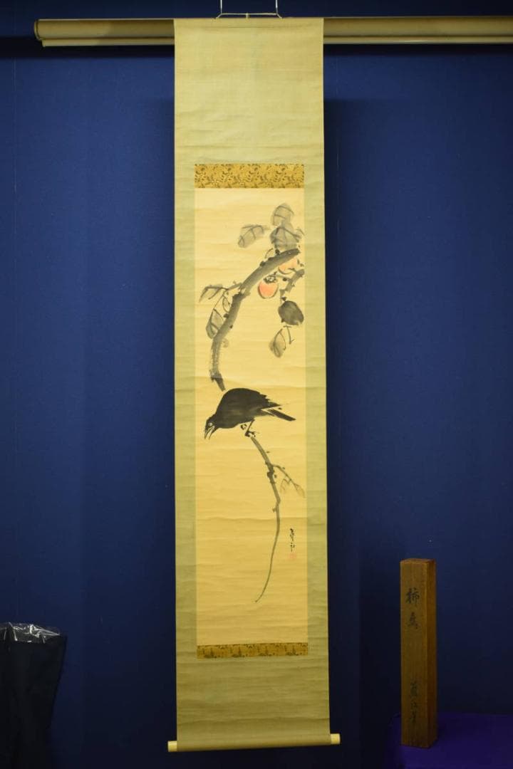 真作/中井藍江/柿と鳥図/桐題箱付/布袋屋掛軸HH-918