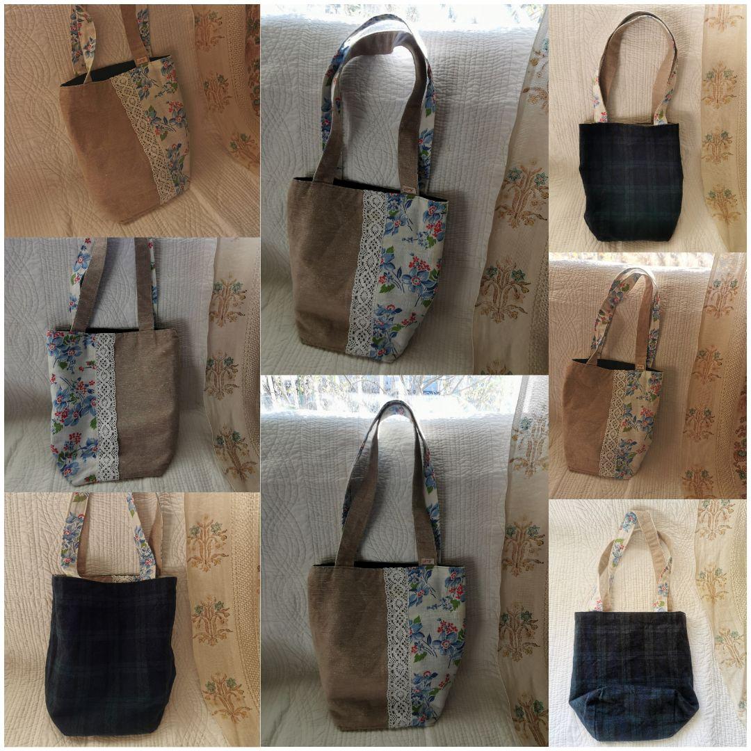ハンドメイド✃アンティーク花柄ファブリック＆ブラックウォッチ リバーシブルトート