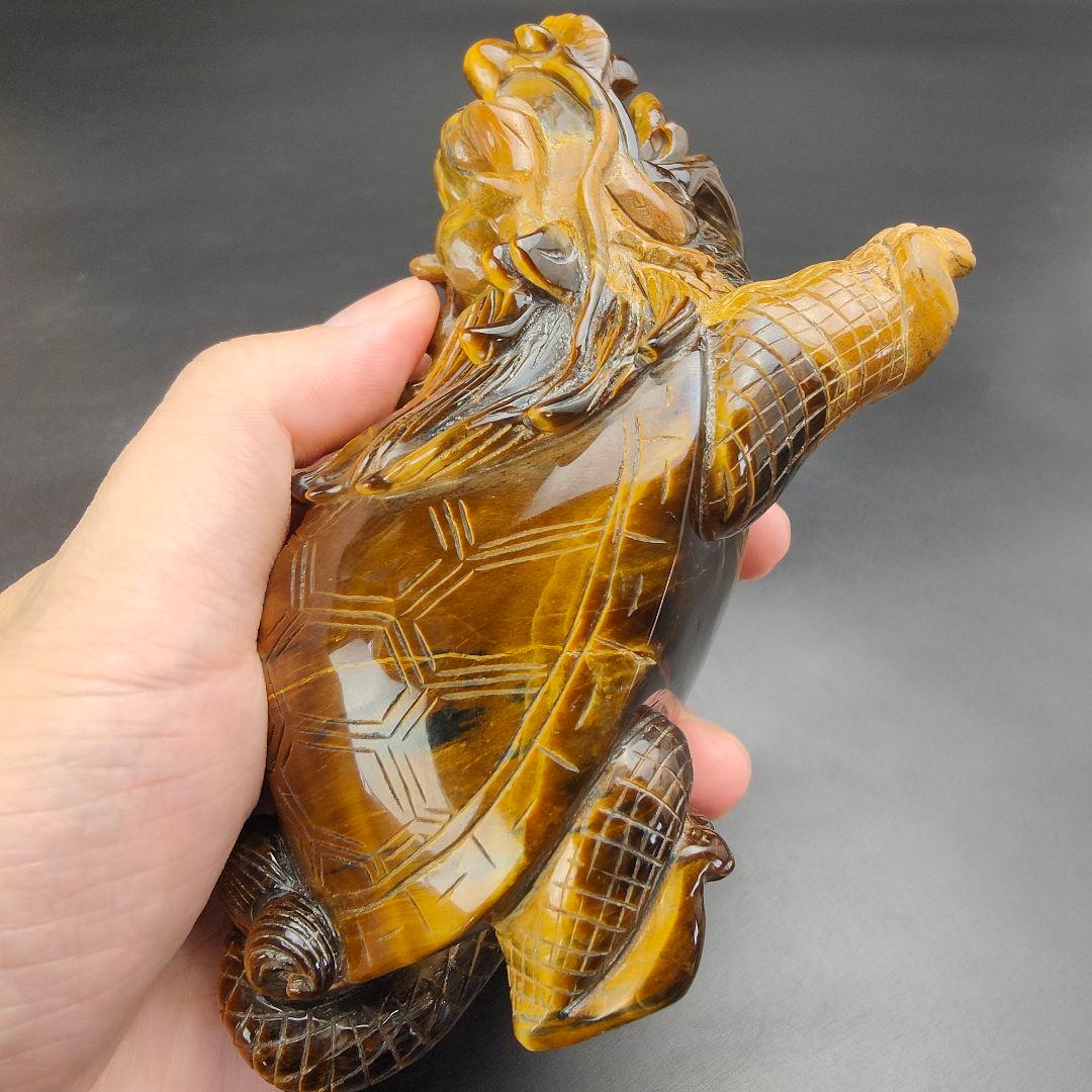 超美品　タイガーアイ　虎目石で作った龍亀(ロングイ)　天然石　風水　開運　龍　亀