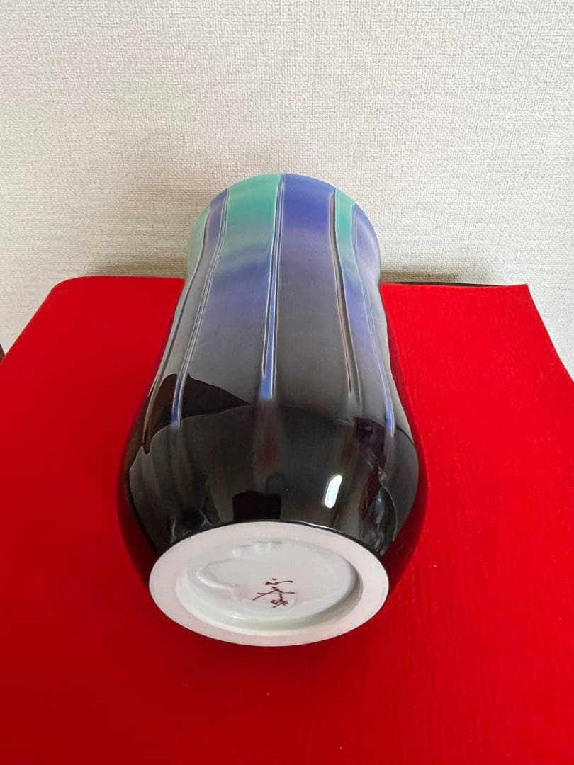 【極上品】人間国宝 徳田八十吉（正彦銘）彩釉 線文 花瓶 約26.5㎝ T248