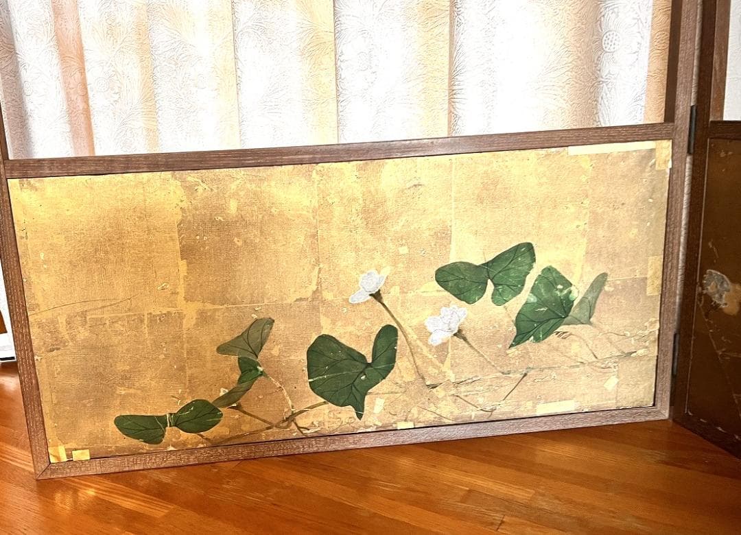 風炉先屏風　金屏風　上田公長　銘あり　明治時代　朝顔図 直しあり