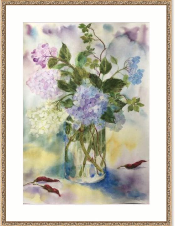 絵画　紫陽花と唐辛子　水彩画　お見本