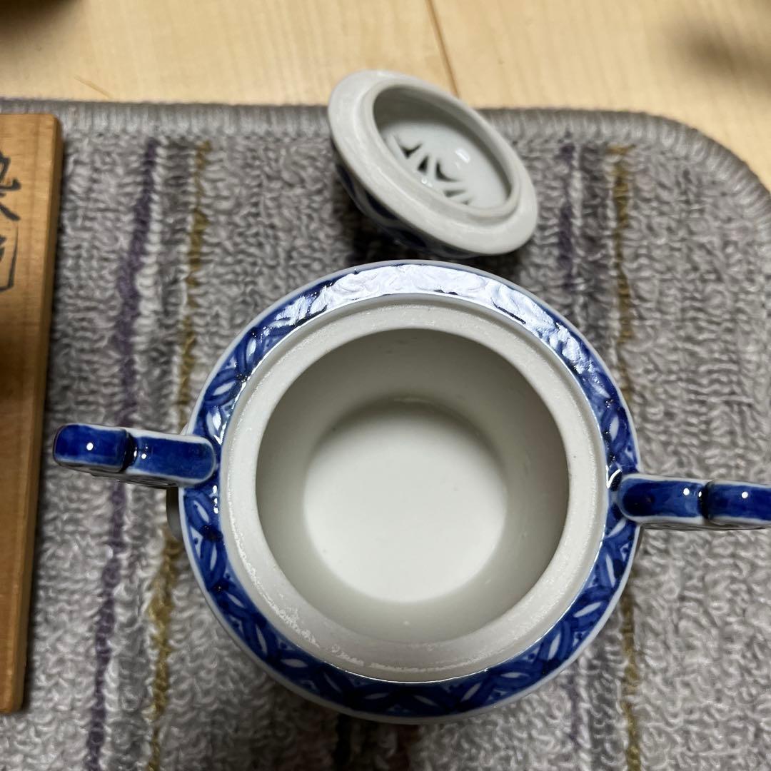 染付　耳付　香炉　七宝透かし　遊環　九谷焼 長峰 共箱　香櫨　骨董　陶芸