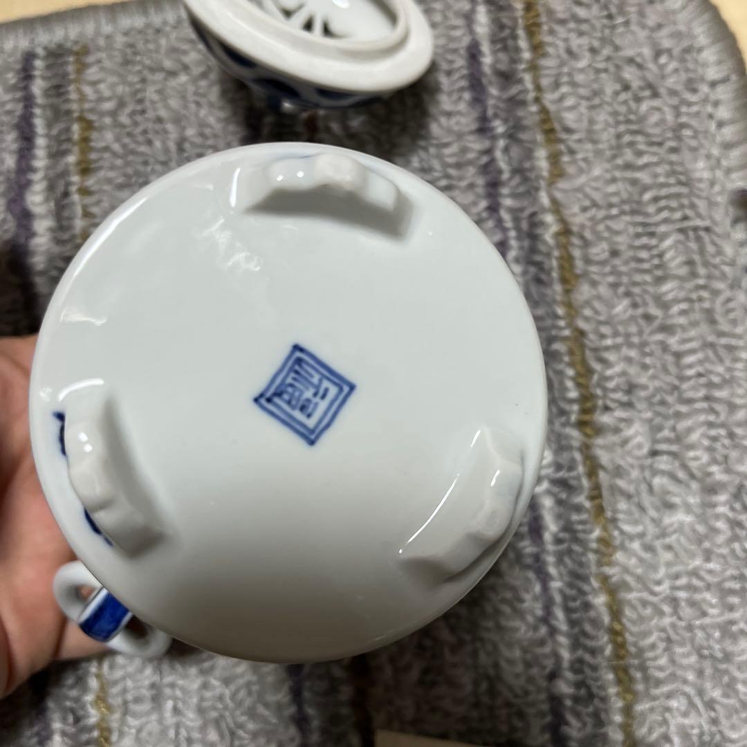 染付　耳付　香炉　七宝透かし　遊環　九谷焼 長峰 共箱　香櫨　骨董　陶芸