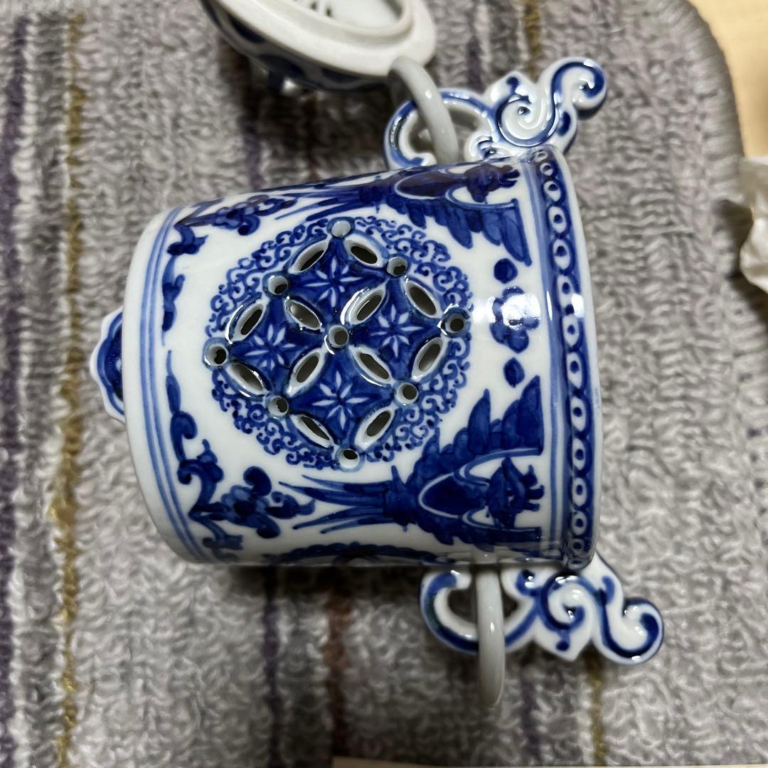 染付　耳付　香炉　七宝透かし　遊環　九谷焼 長峰 共箱　香櫨　骨董　陶芸