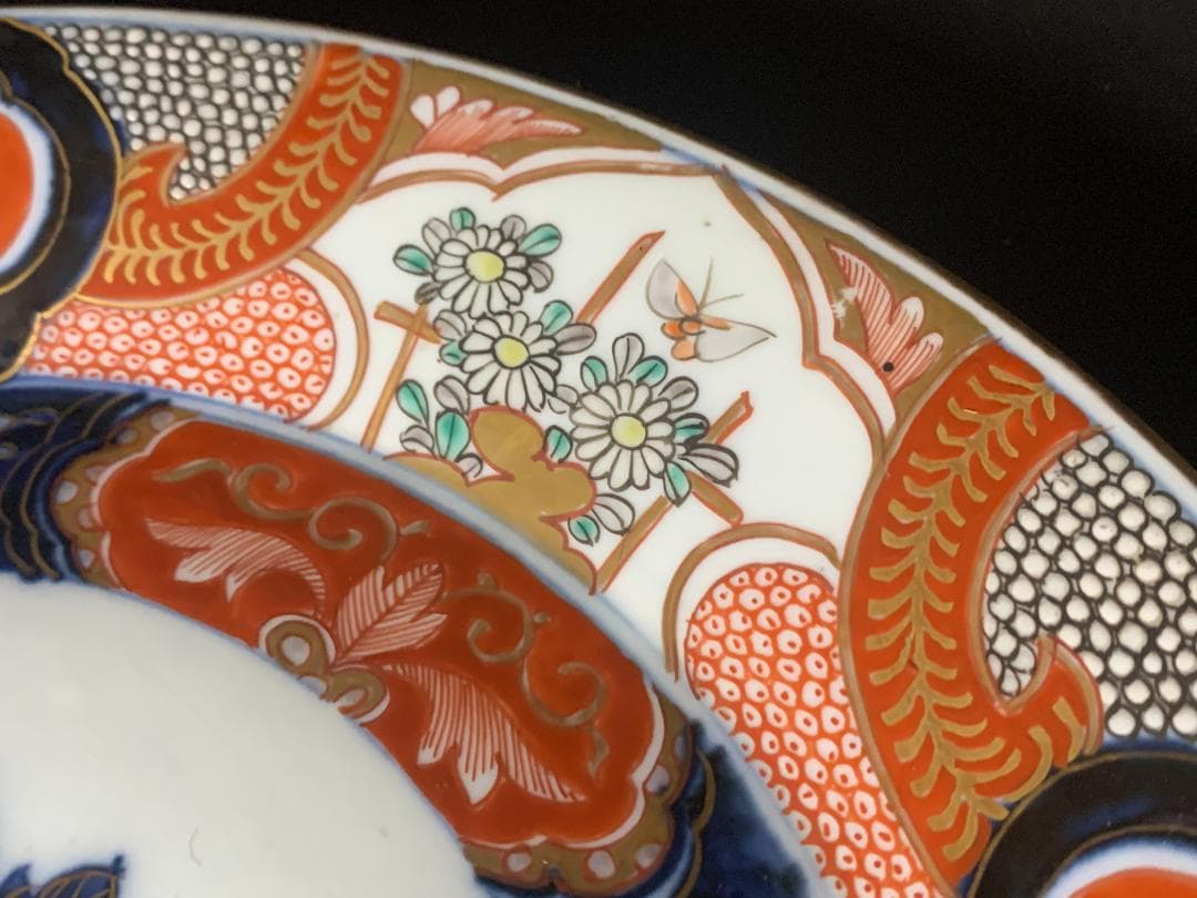 古伊万里 元禄伊万里 金襴手 染錦 双鶴花蝶 牡丹文 大飾皿 34cm 江戸中期