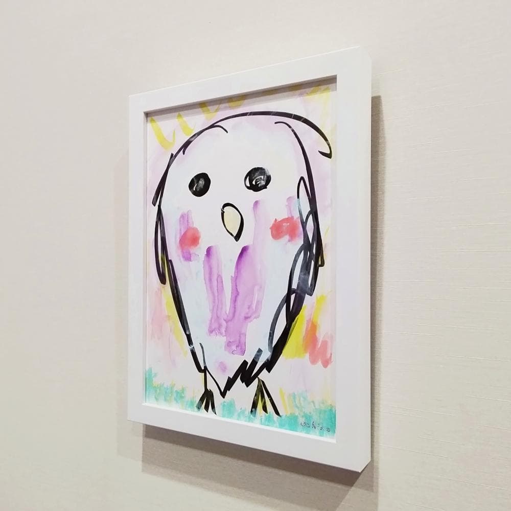 内野隆文　午後のフクロウ　絵画　ドローイング　イラスト　梟　アクリル　額付　真作