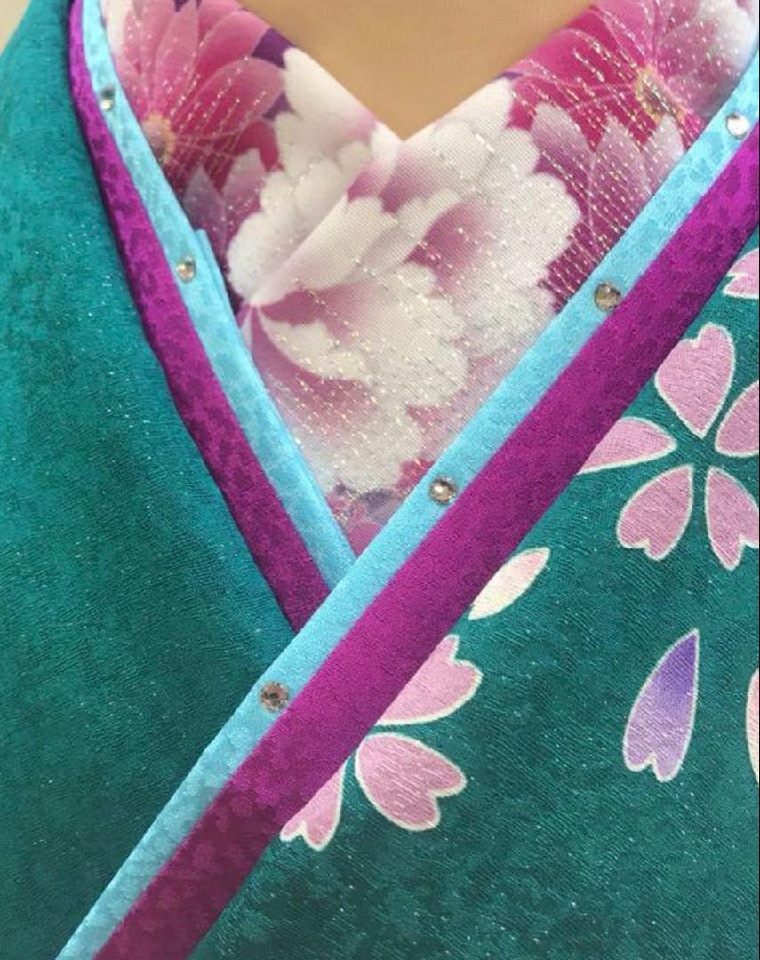 グリーン　ターコイズブルー 振袖　成人式　ショール　髪飾り　草履　バッグ一式