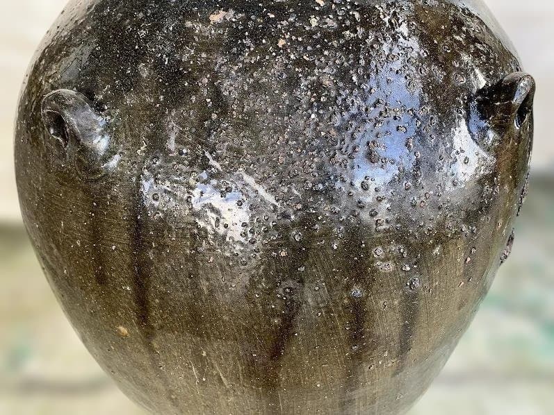 古薩摩 苗代川焼 四耳壷 黒酢壷 古民具 庭造 水瓶 甕壺 花華 釉薬