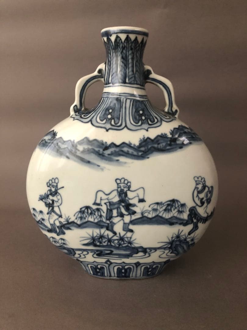 中国骨董古美術　染付 青花唐人景紋 扁壺 アンティーク