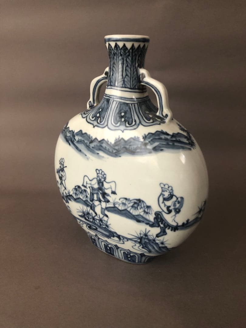 中国骨董古美術　染付 青花唐人景紋 扁壺 アンティーク