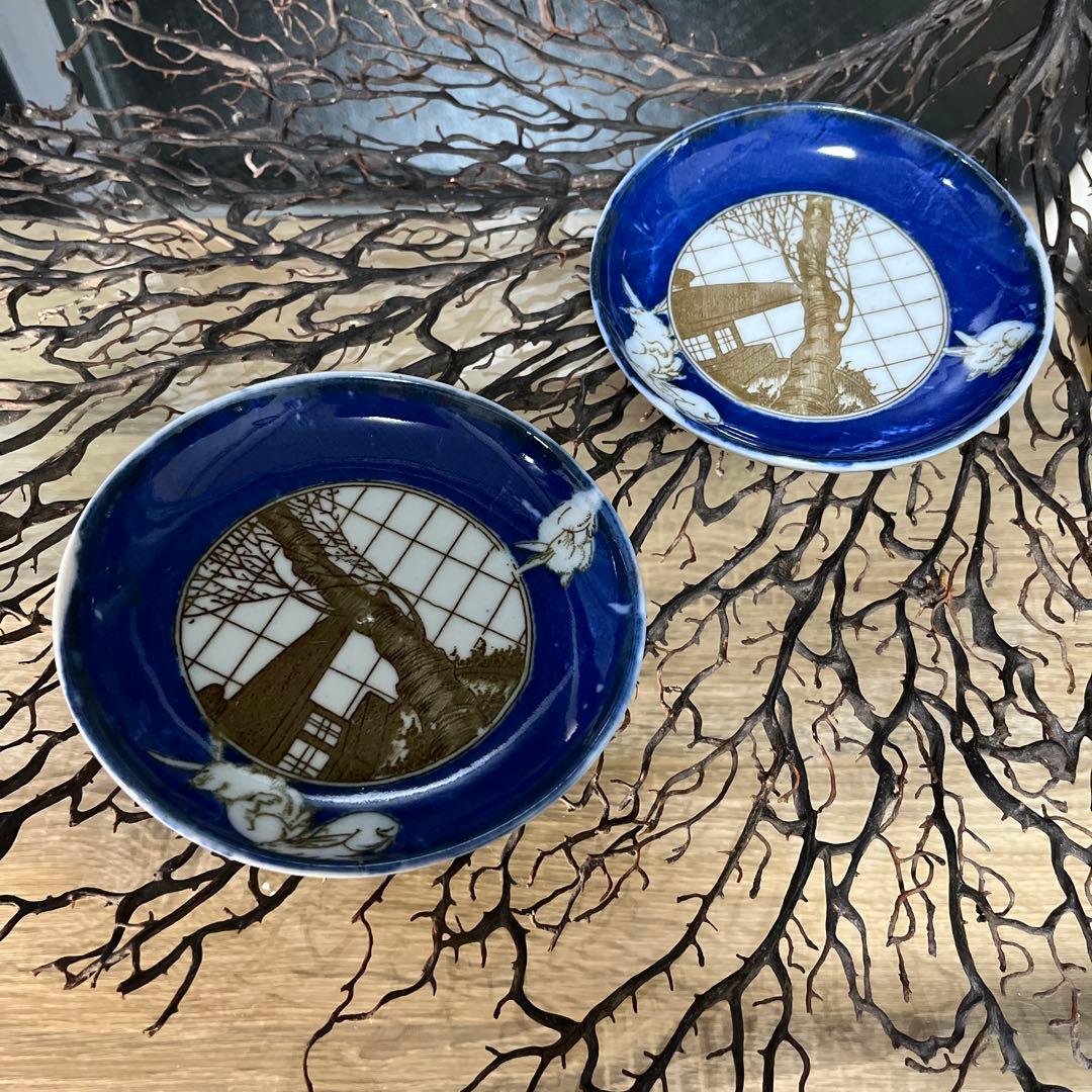 骨董　古伊万里　印判　図変わり印判　石灯籠　桜　３羽兎　円窓　小皿　手塩皿２客